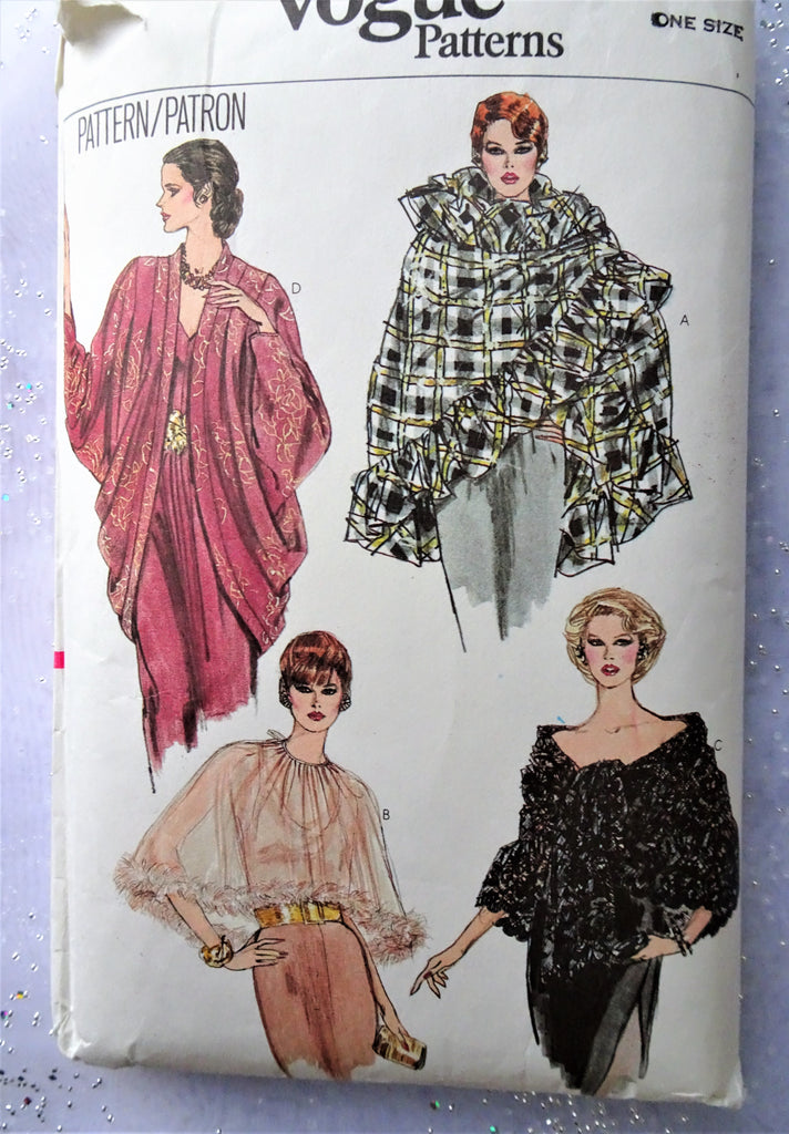 1980s GLAM Evening Wraps Cover Ups Pattern VOGUE 8151 Ruffled Shawl Wrap, Capelet Pleated Dolman Cocoon Jacket,One Size Vintage Sewing Pattern