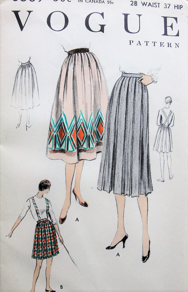 1950s Box Pleated Skirt with Suspenders Vogue 8569 Two Lengths and Versions Pressed or Soft Pleated,Waist 28 Vintage Sewing Pattern FACTORY FOLDED