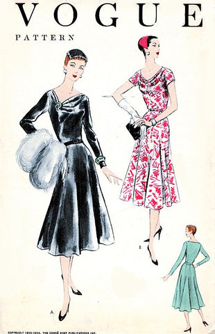 ELEGANT Party Cocktail Evening Dress with Low Cowl Neckline VOGUE 8766 Glam Eight Gore Skirt Perfect Special Occasion Dress Bust 34 Vintage 1950s Sewing Pattern