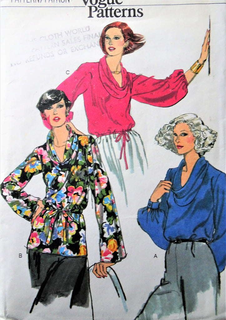 VINTAGE Blouse Pattern Very Easy Vogue Pattern 9893, Lovely Draped Cowl Necklines, Three Style Versions, Bust 40 Vintage Sewing Pattern