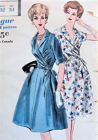 60s LOVELY Two Pc Dress Easy To Make Pattern VOGUE 9941 Notched Collar Side WRAPPED Blouse and Flared Skirt, Day or Cocktail Party Bust 32 Vintage Sewing Pattern UNCUT
