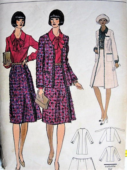 1970s CLASSY Chanel Style Coat, Jacket, Wrap Skirt and Blouse Pattern VOGUE 9112 Bust 34 Vintage Sewing pattern FACTORY FOLDED