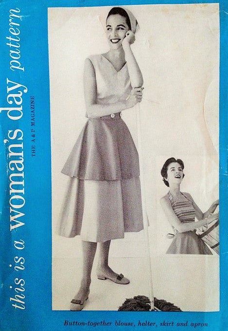 1950s CUTE Button Together Blouse,Halter Top, Skirt and Hostess Apron Pattern WOMANS DAY 5066 Bust  32 Vintage Sewing Pattern FF